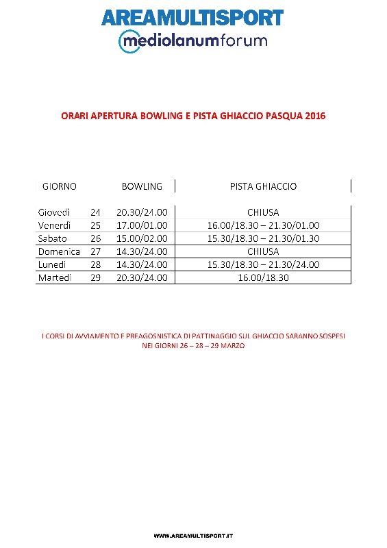 Apertura pista ghiaccio e bowling PASQUA 2016